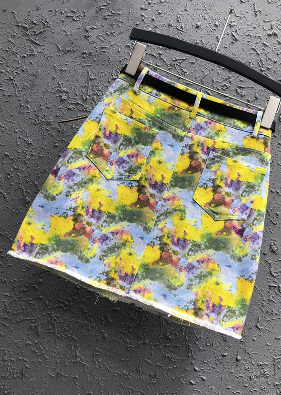 Handmade Yellow Print Pockets Patchwork Denim Skirt