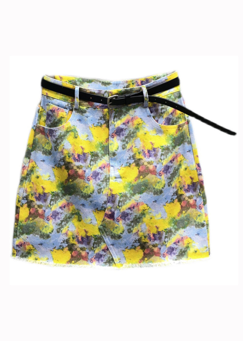 Handmade Yellow Print Pockets Patchwork Denim Skirt