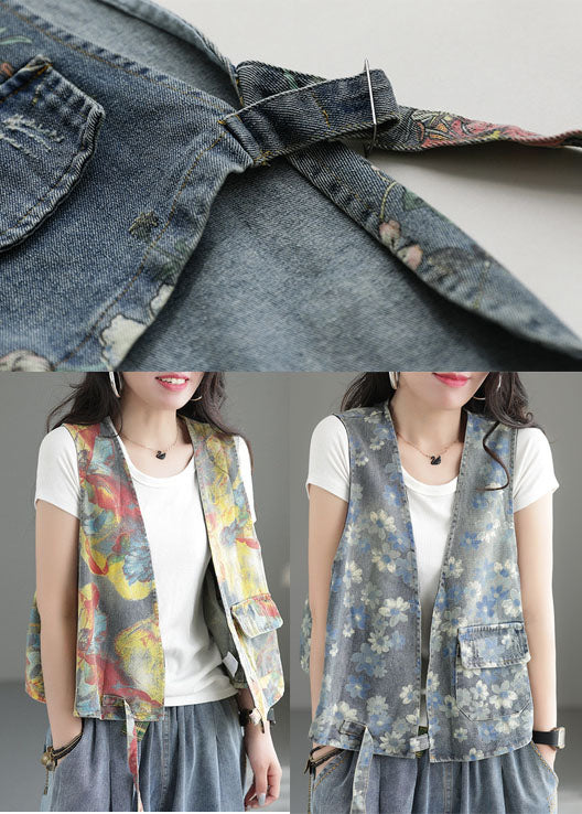 Handmade Yellow Print V Neck Cotton Denim Vest Sleeveless