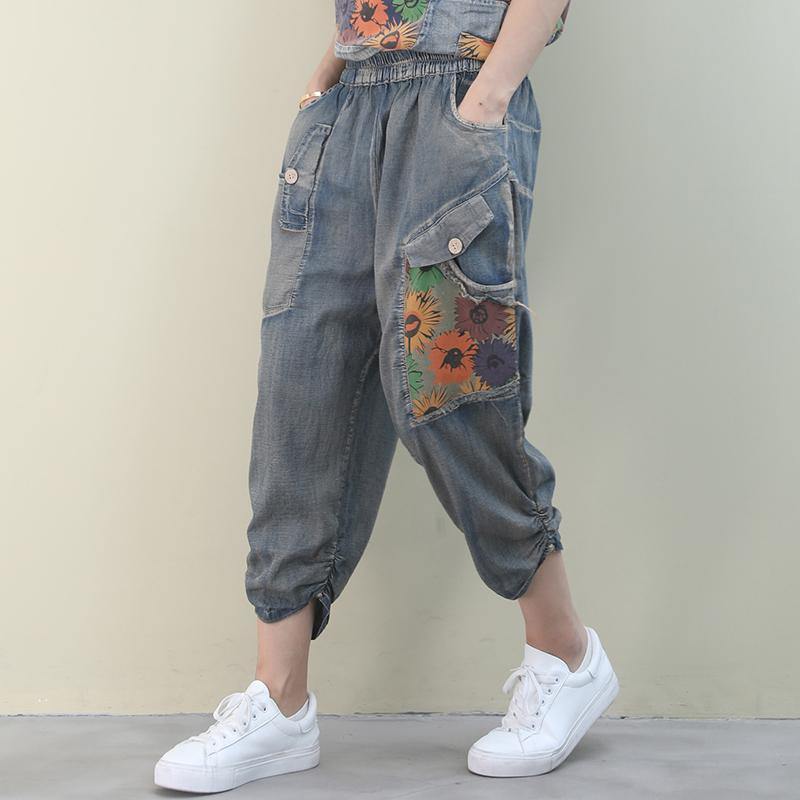 Handmade denim blue casual elastic waist patchwork Shape wide leg pants