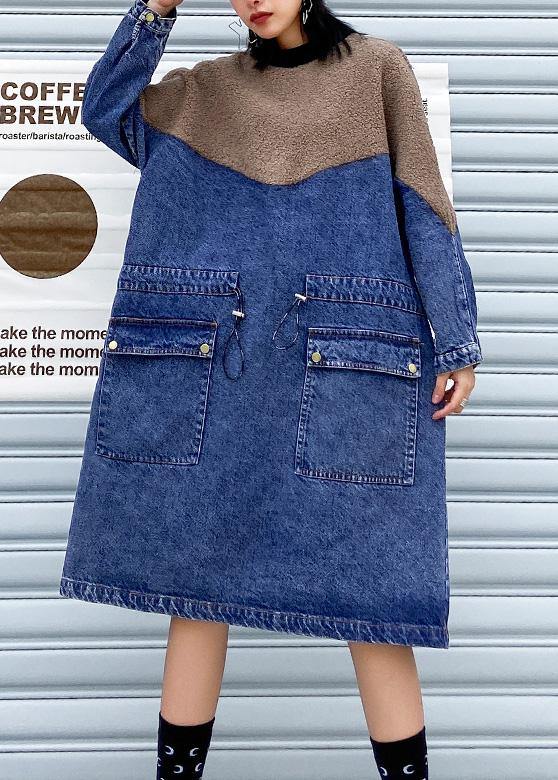 Handmade denim blue cotton quilting dresses drawstring long patchwork Dresses