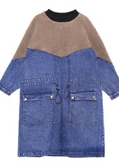 Handmade denim blue cotton quilting dresses drawstring long patchwork Dresses