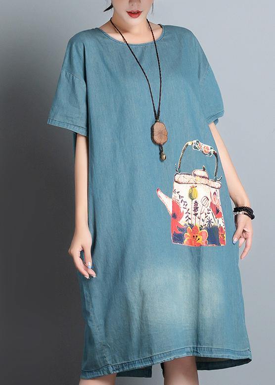 Handmade denim blue print Cotton quilting dresses o neck Art Dresses