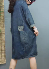 Handmade Blue V Neck Patchwork denim Dresses Winter