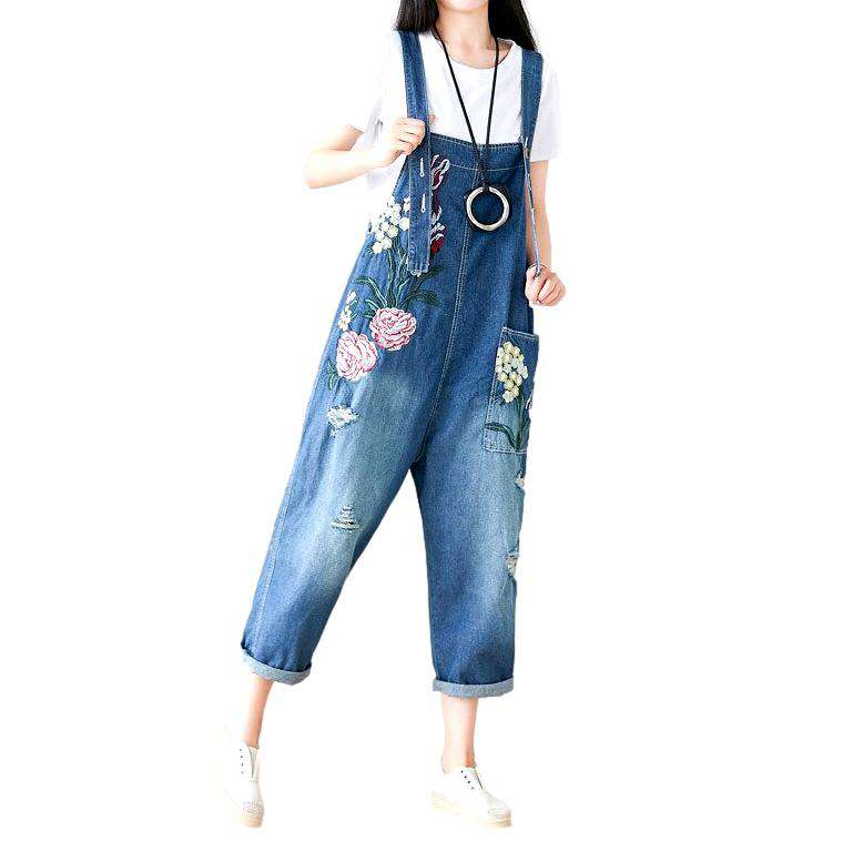 Flower embroidery women denim jumpsuit