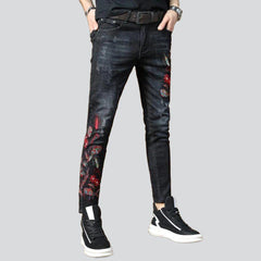 Red embroidery skinny men jeans