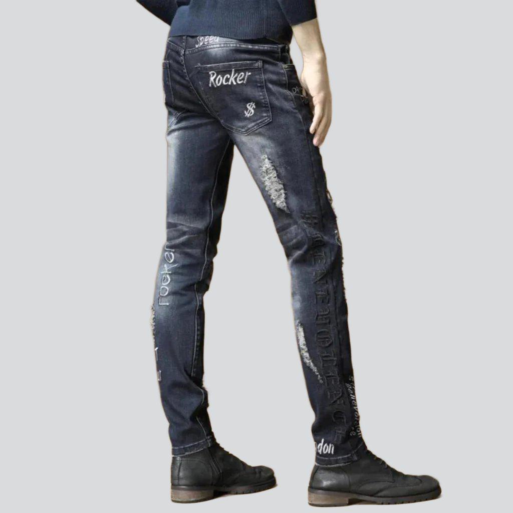 Sanded embroidered jeans for men