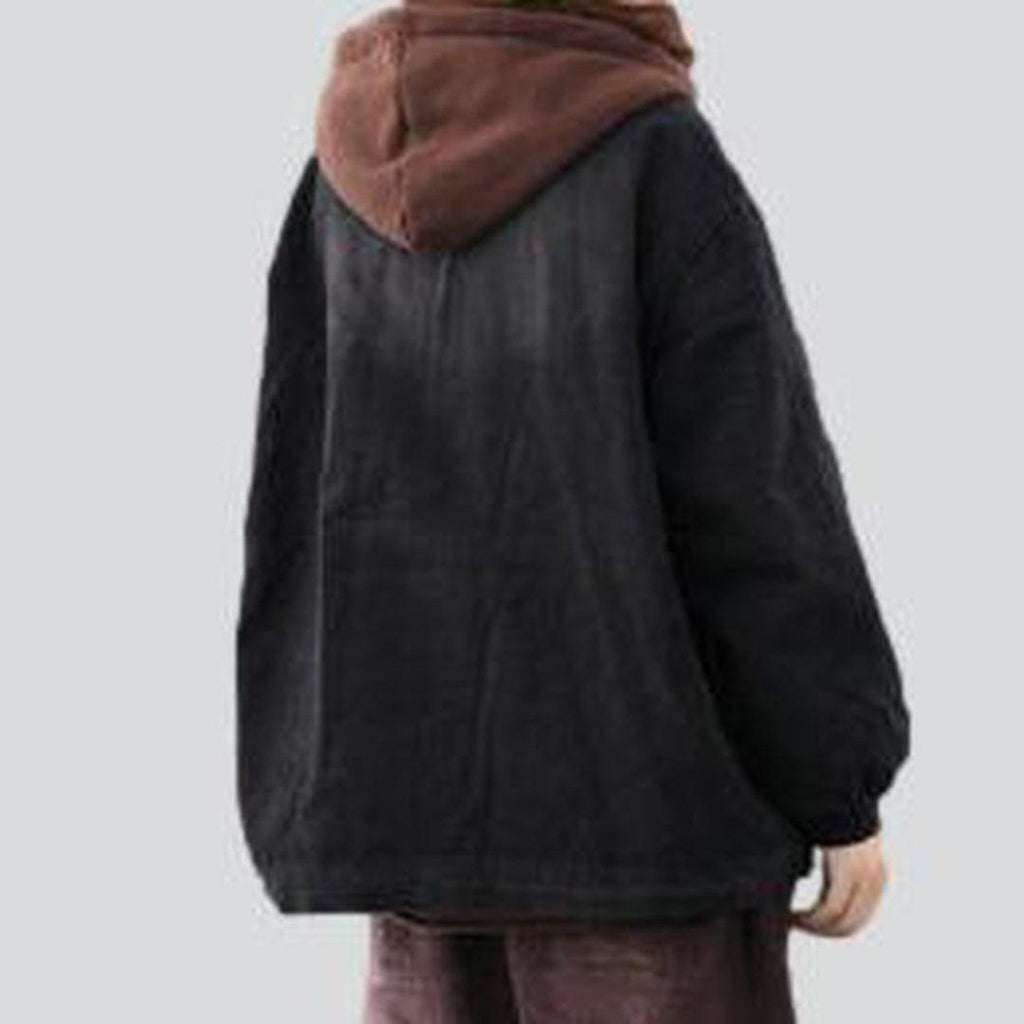 Denim bomber with brown hood