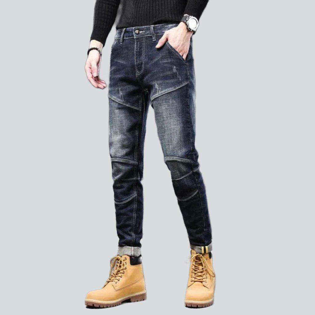 Dark wash sanded biker jeans