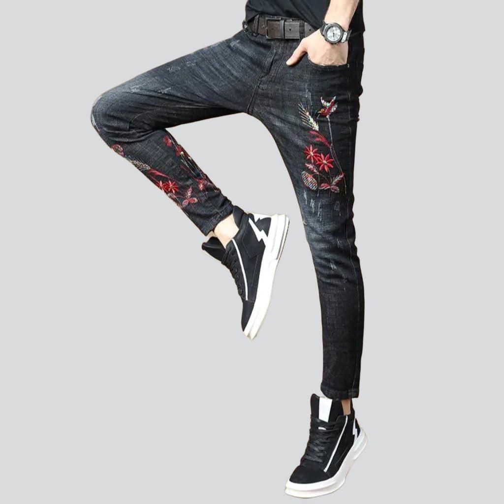 Red embroidery skinny men jeans