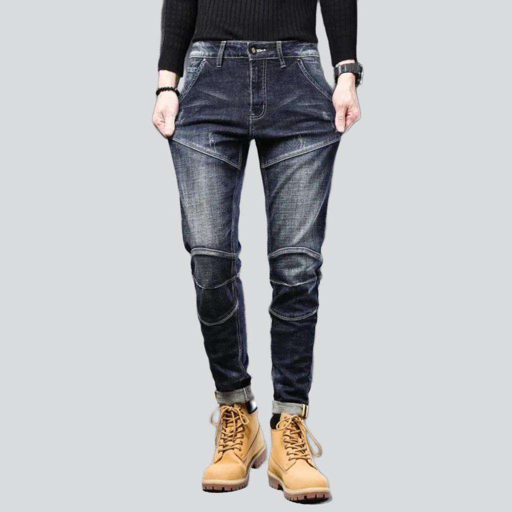 Dark wash sanded biker jeans