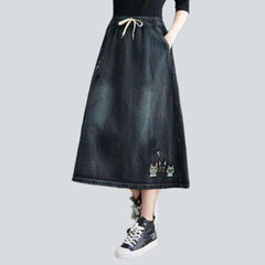 Dark vintage embroidered denim skirt