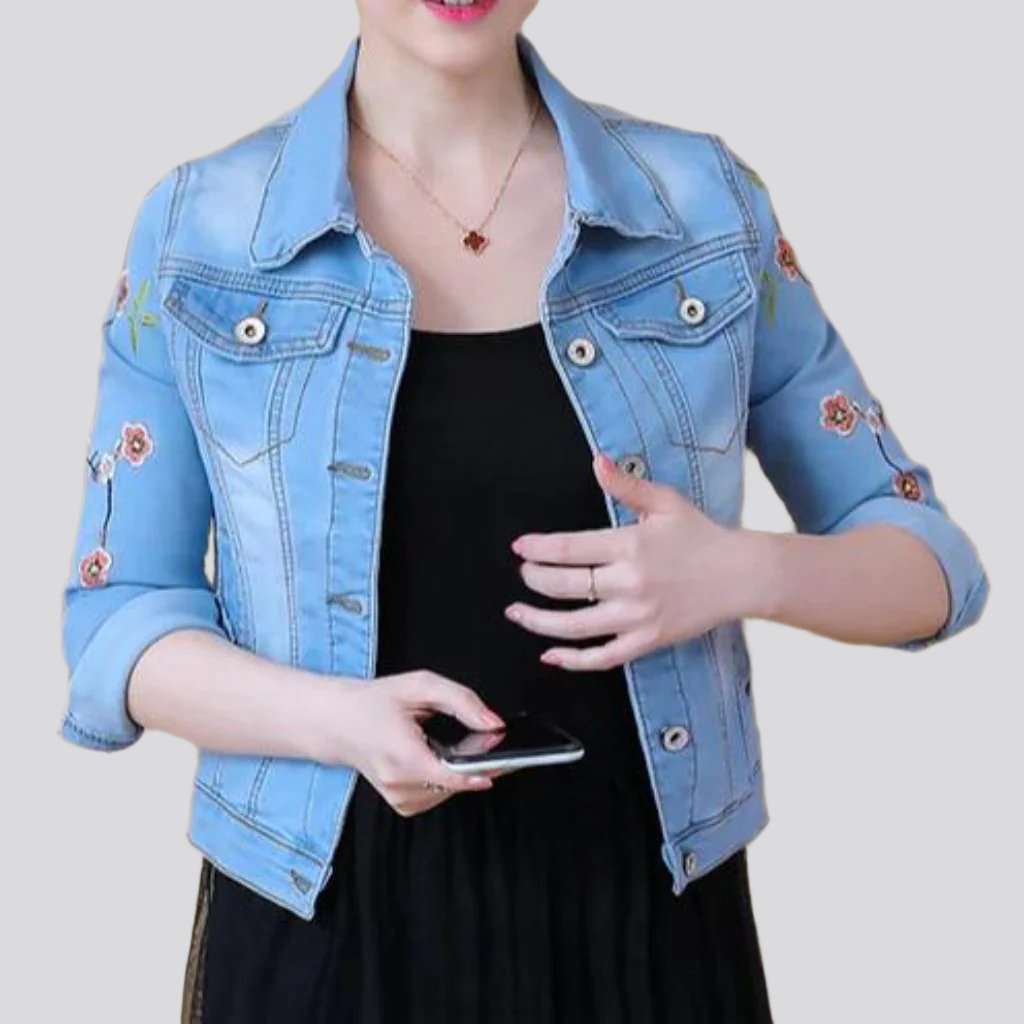 Nature embroidery short denim jacket