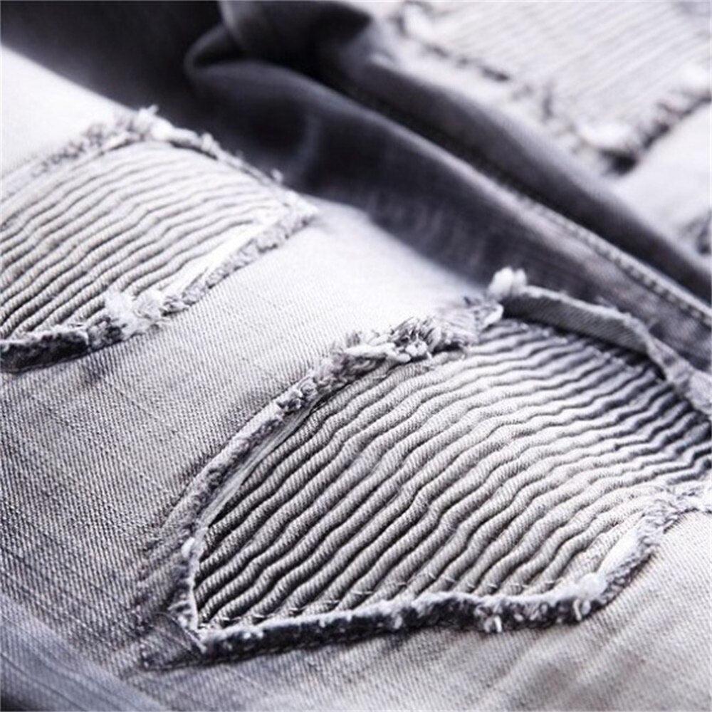 Wrinkled patchwork grey men jeans