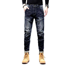 Dark wash sanded biker jeans