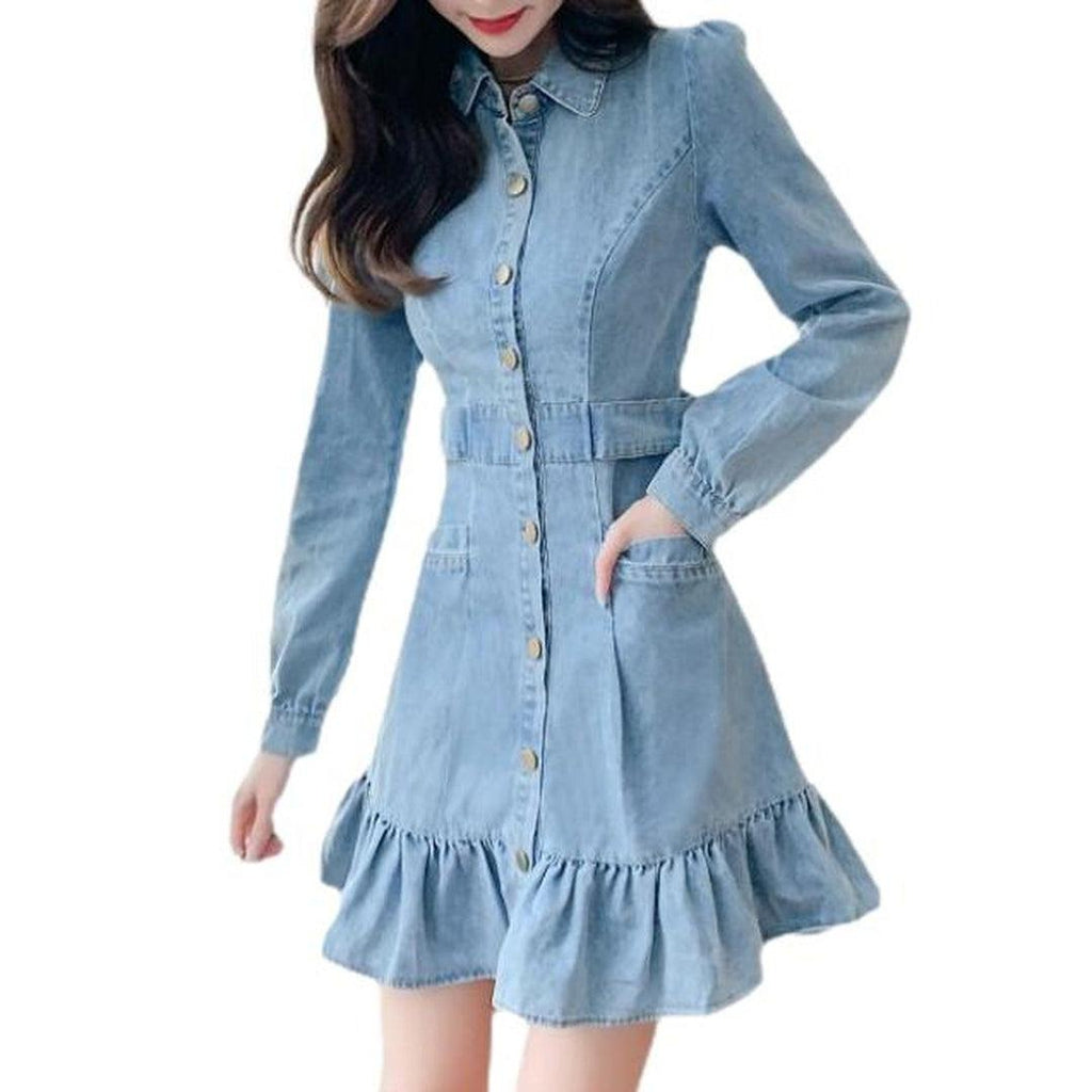 Mini denim dress with ruffles