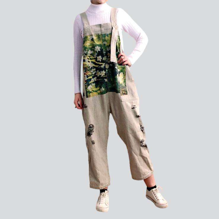 Flower portrait print denim dungaree