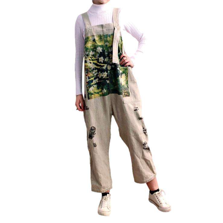 Flower portrait print denim dungaree