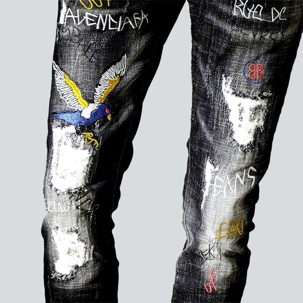 Embroidered vintage black men jeans