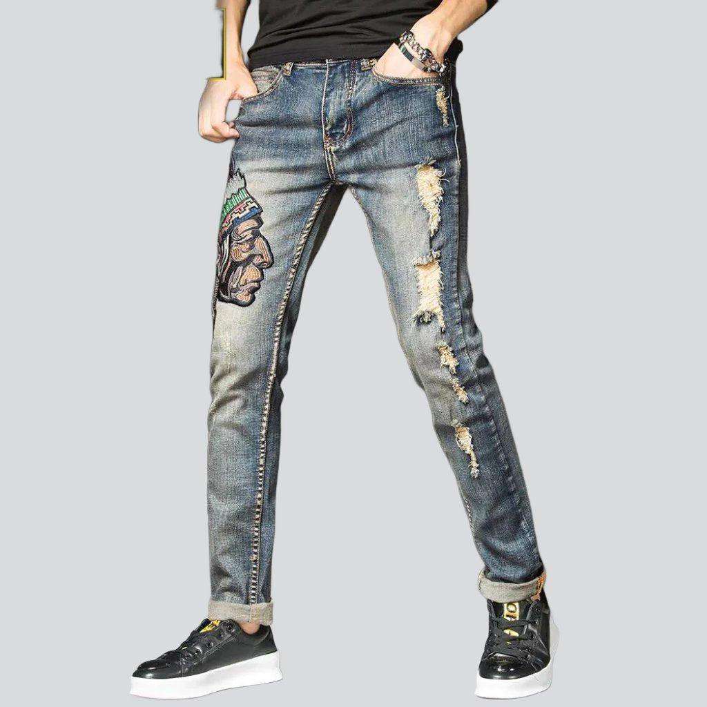 Indian head embroidery men jeans