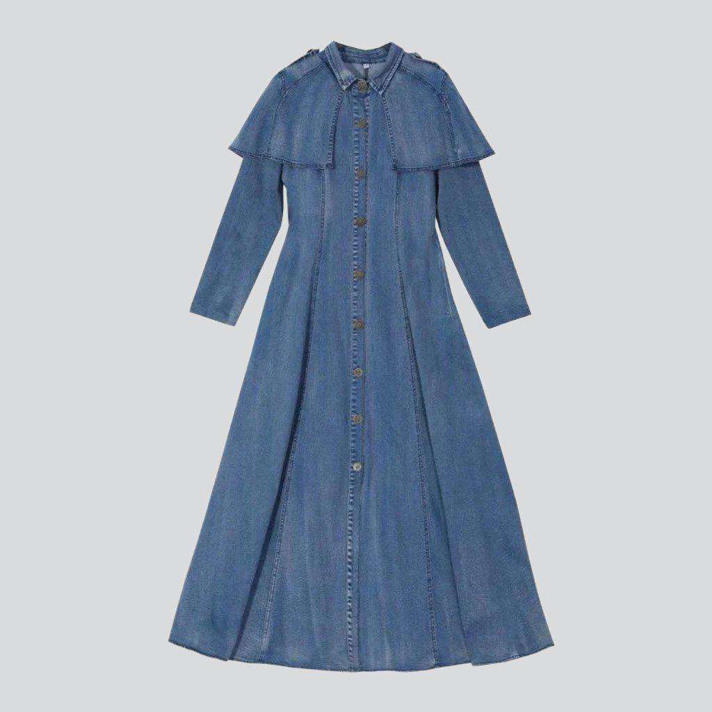 Covered shoulders long denim dress