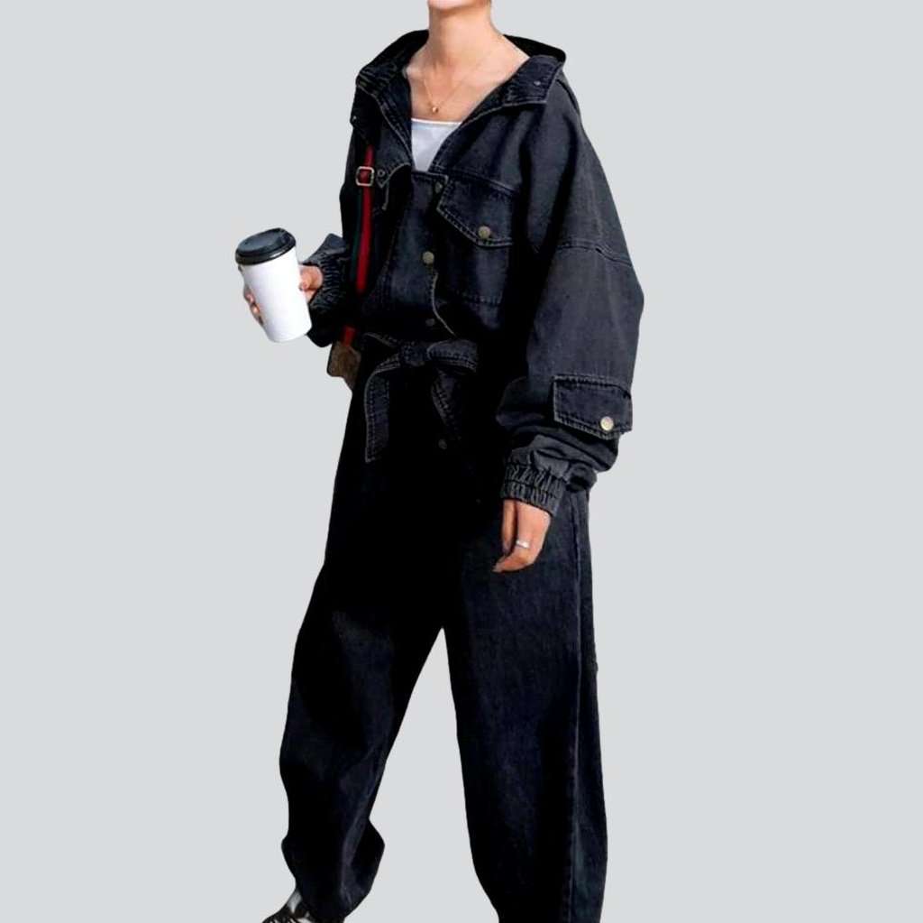 Hooded baggy women denim overall