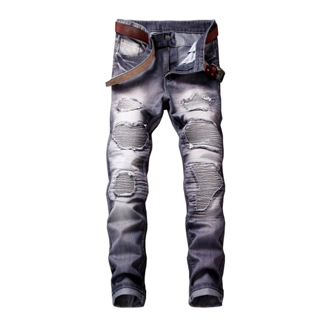 Wrinkled patchwork grey men jeans