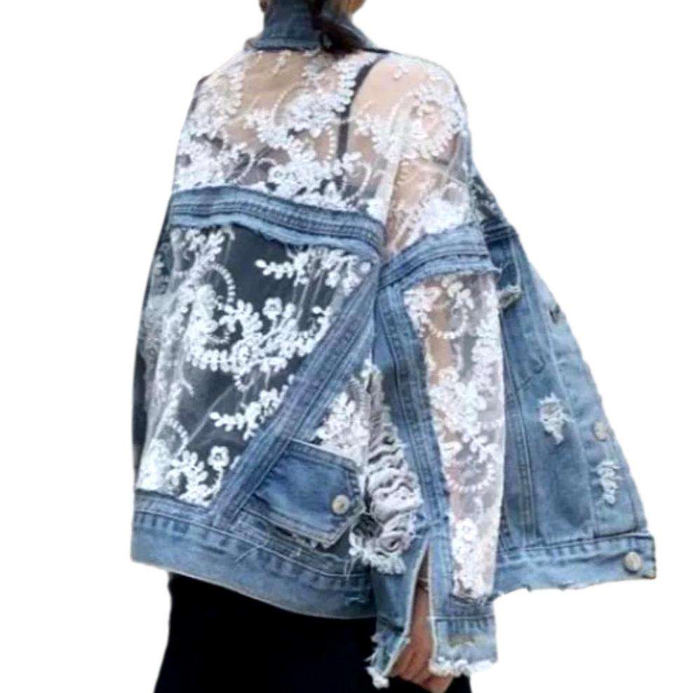 Mixed lace fabric denim jacket