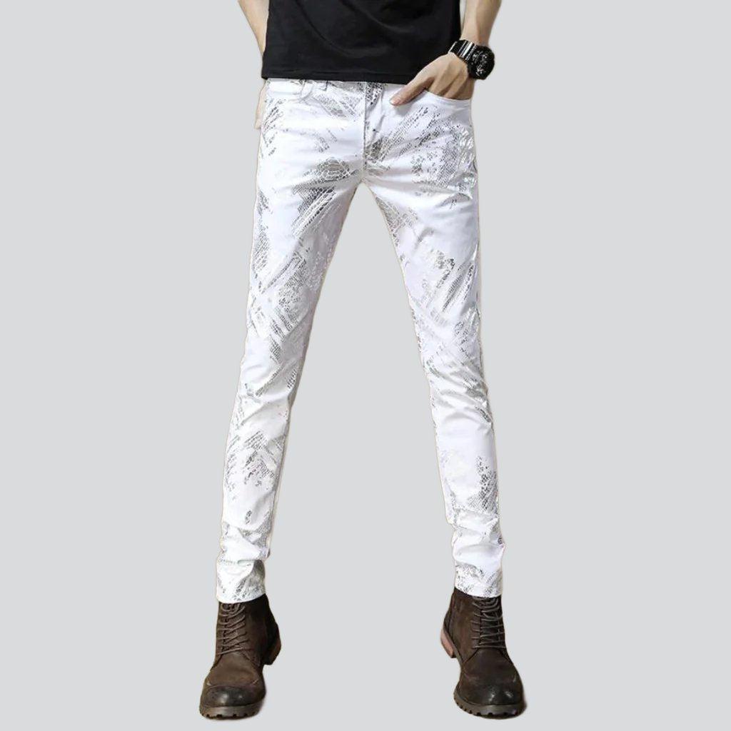 Silver print white men jeans