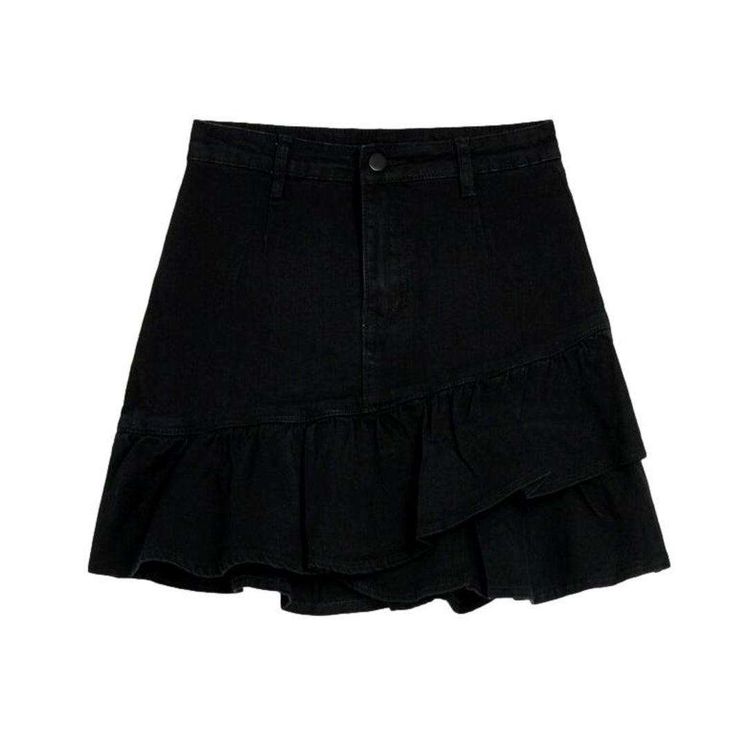 Frills black mini denim skirt