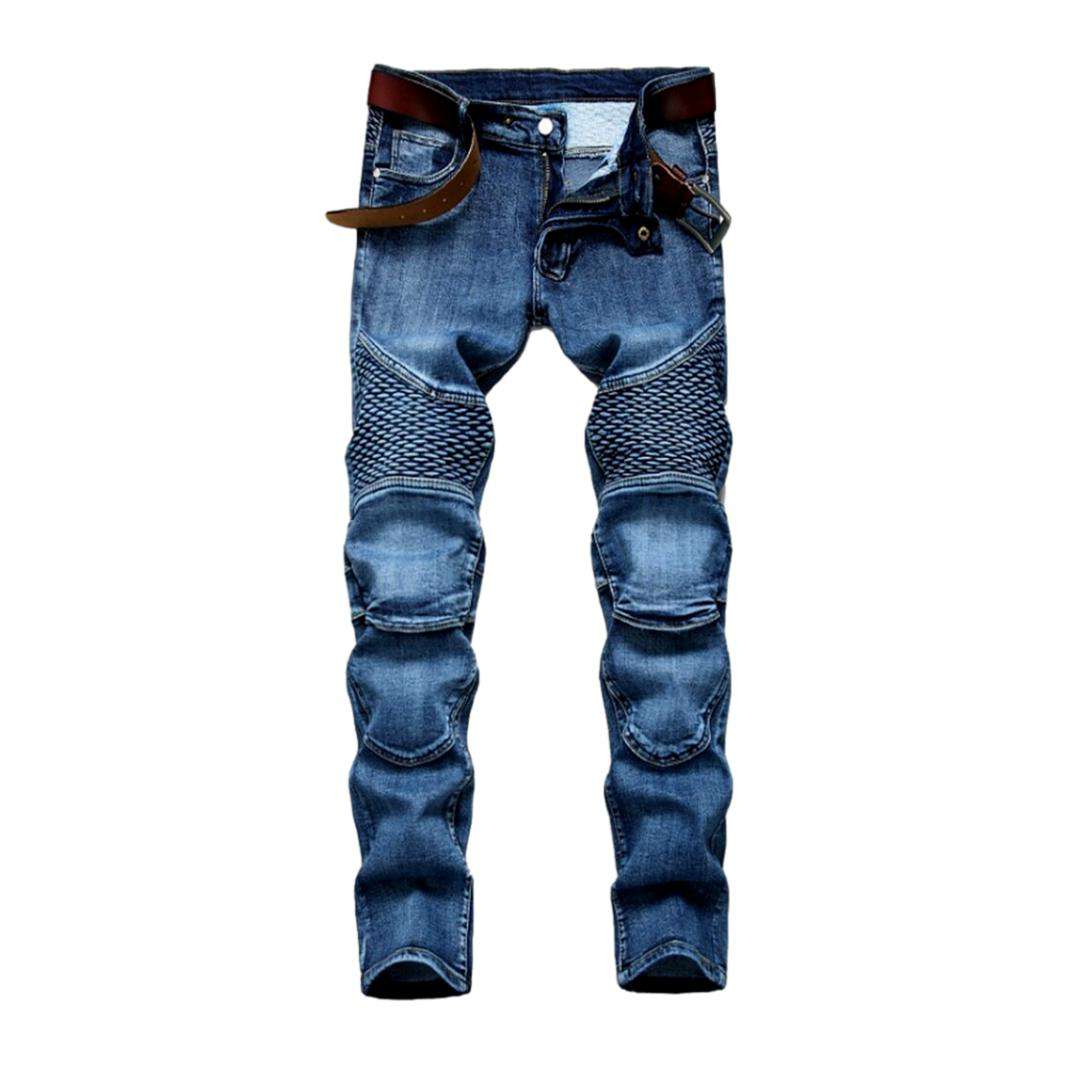 Bestickte blaue Moto-Jeans für Herren