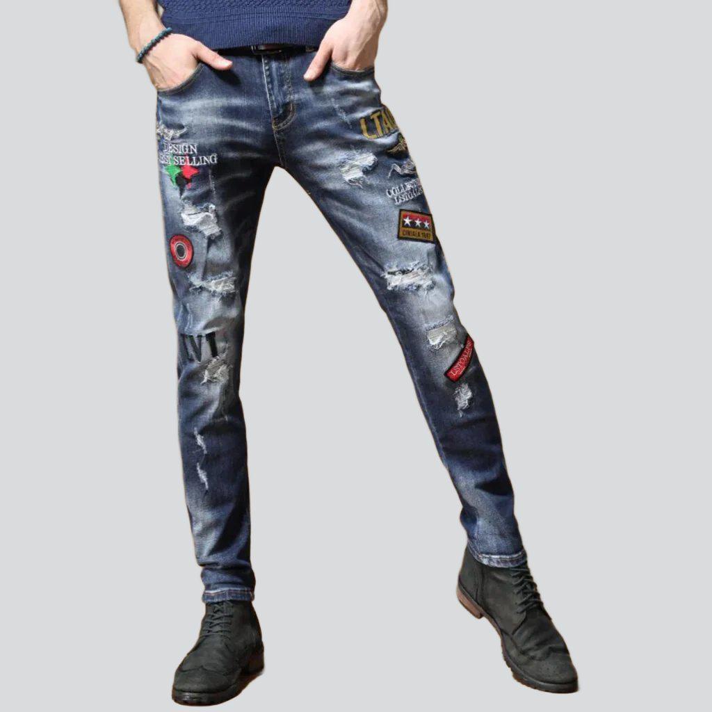 Whiskered embroidery men jeans