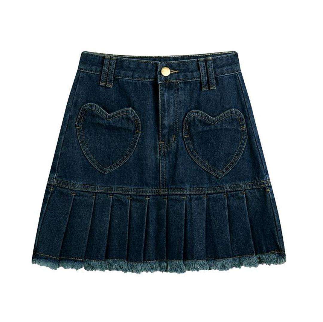 Embroidered pleated mini denim skirt