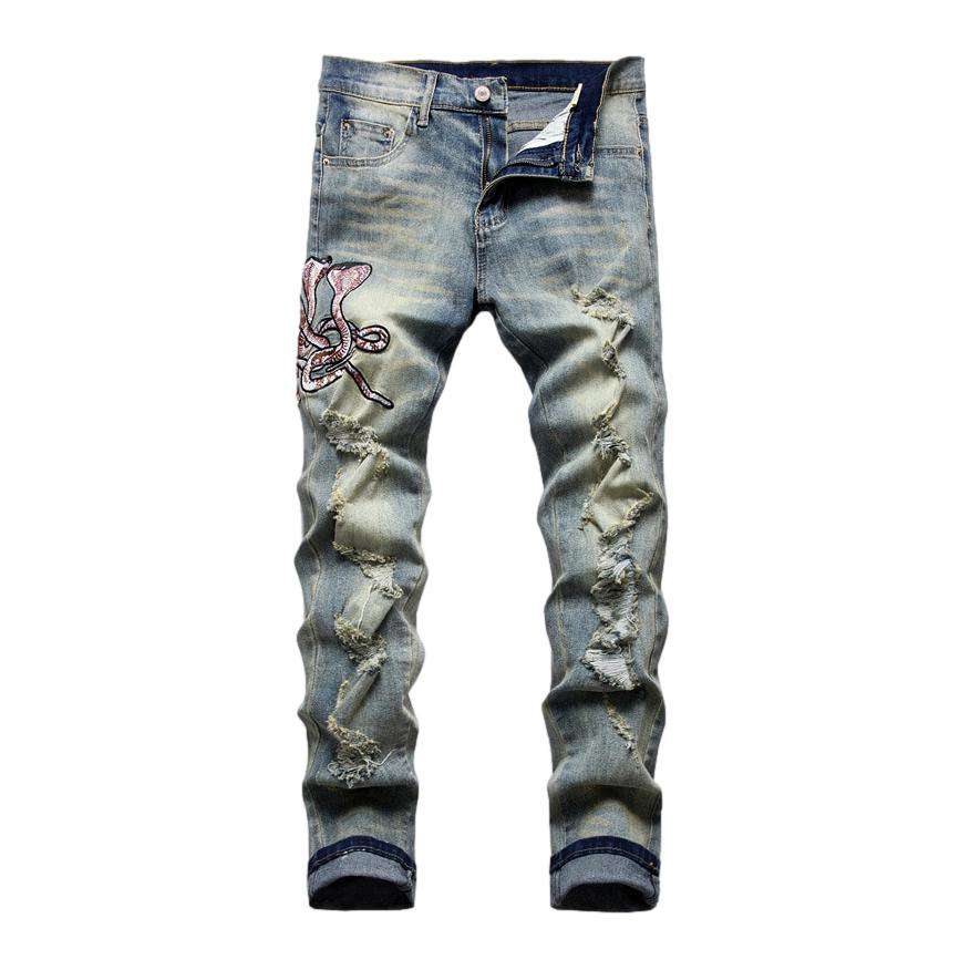 Cobra embroidery ripped men jeans