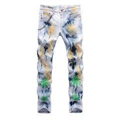 Green palm-painted men jeans