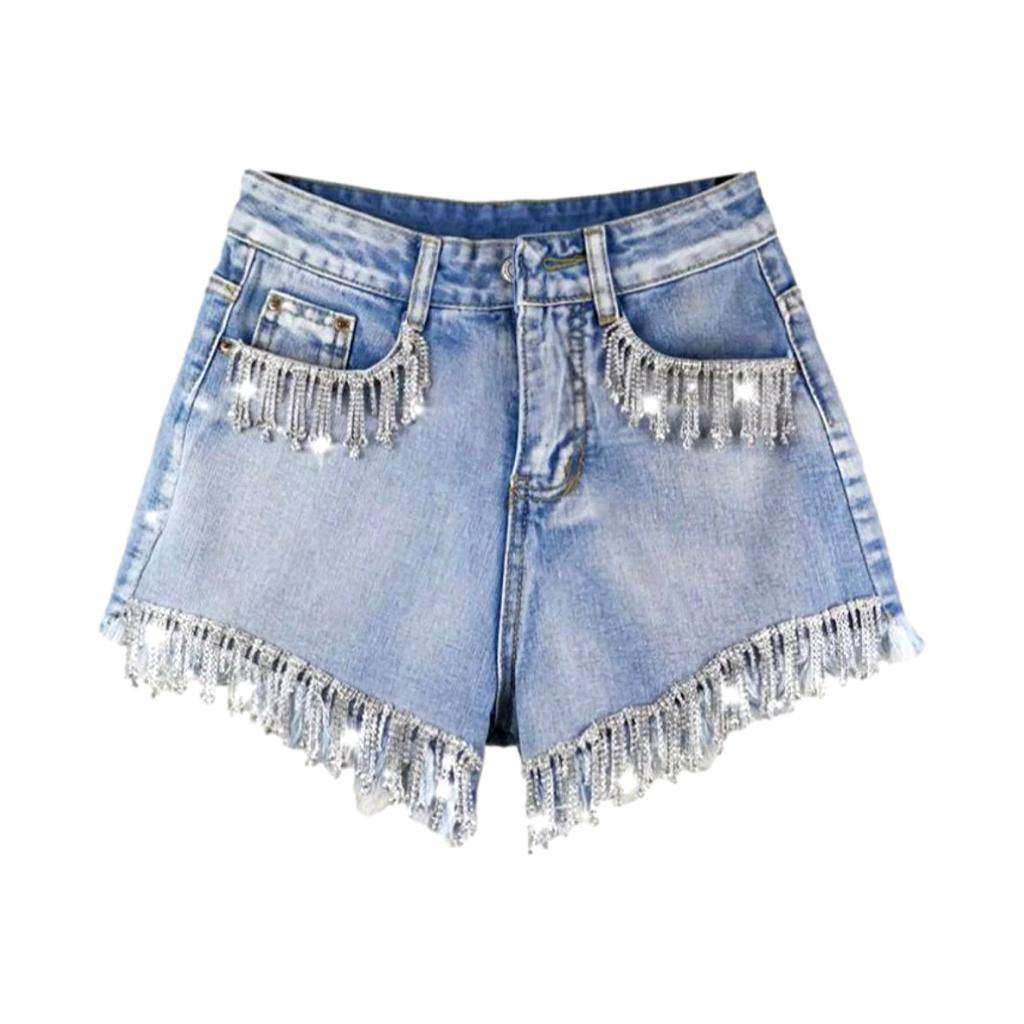 Shorts vaqueros adornados con flecos de diamantes