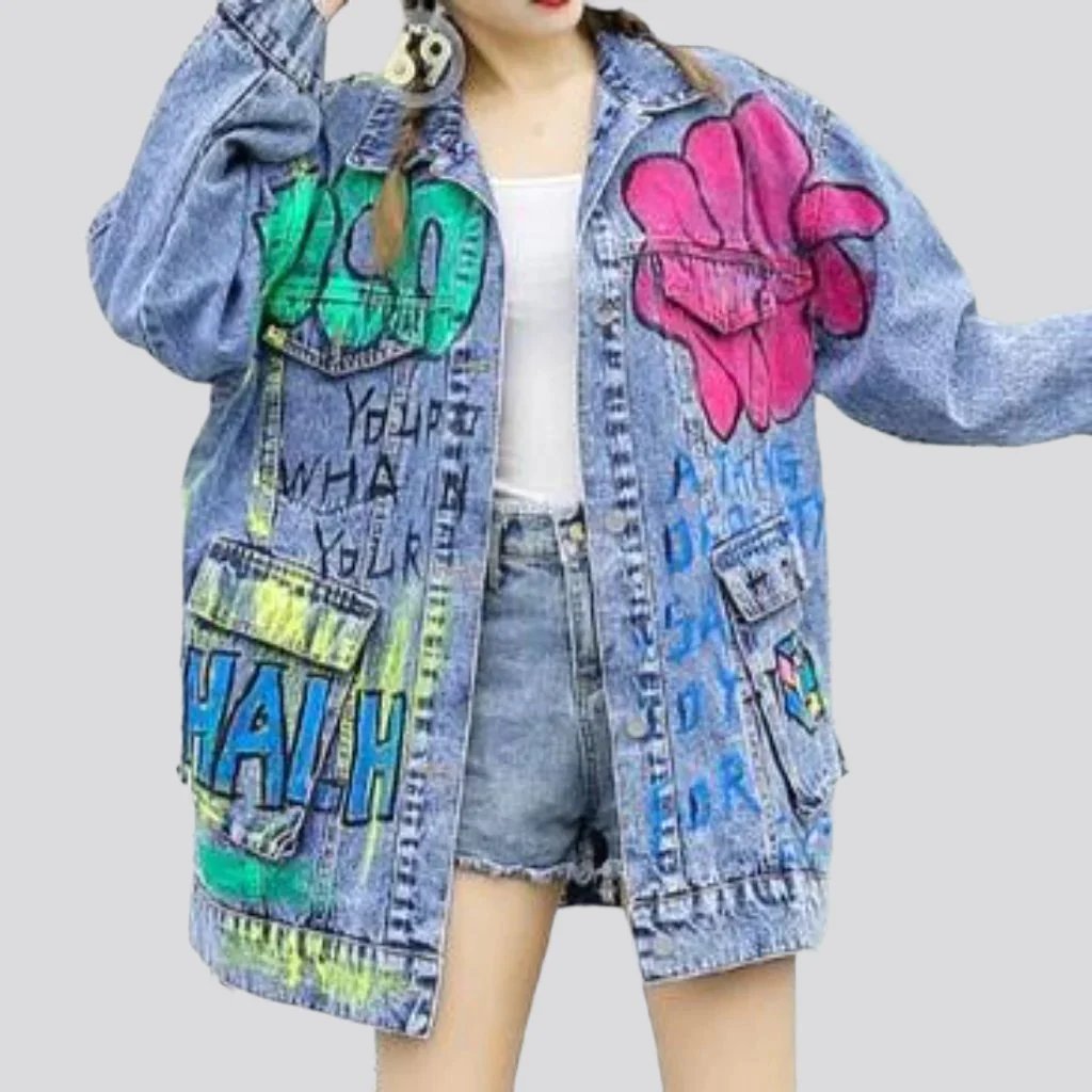 Painted graffiti print denim jacket for ladies