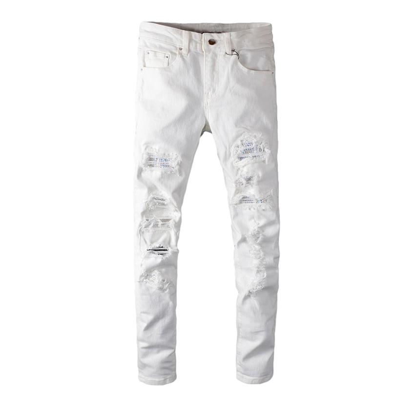 White crystal patchwork men jeans