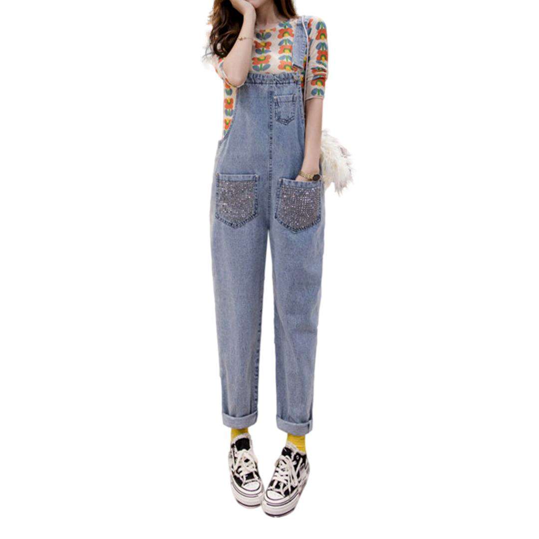 Embellished pockets women denim jumpsuit