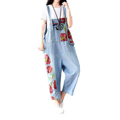 Flower print light denim dungaree