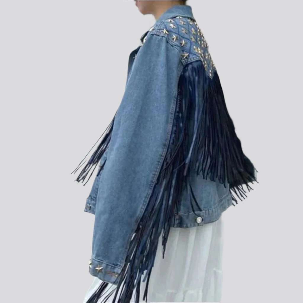 Fringe embellished color denim jacket