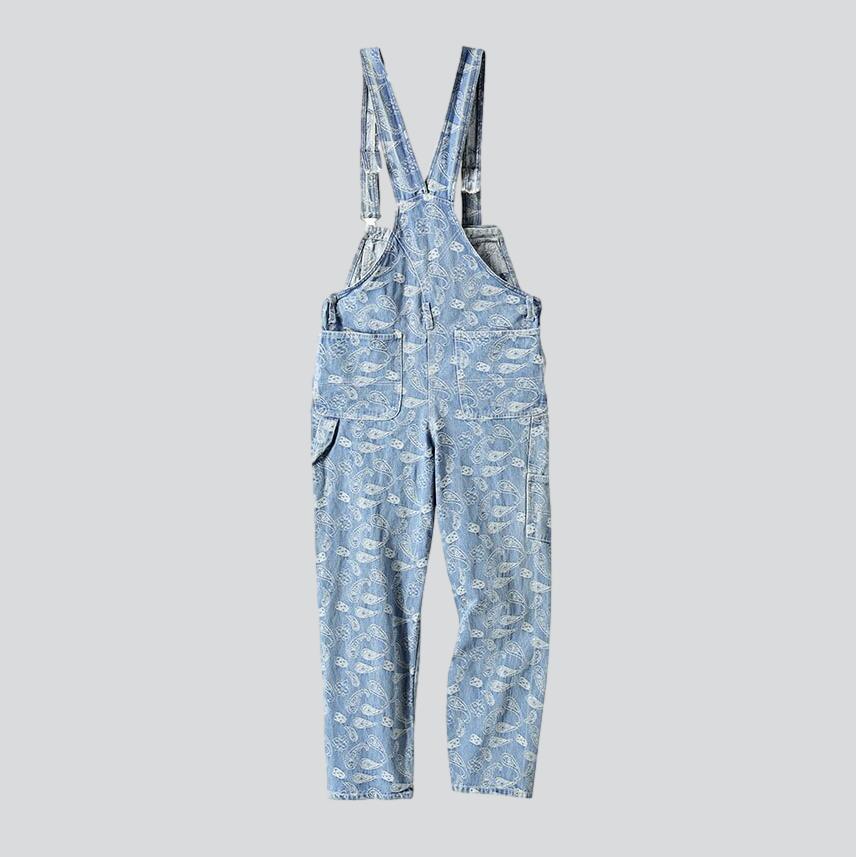 Ornament print men denim jumpsuit