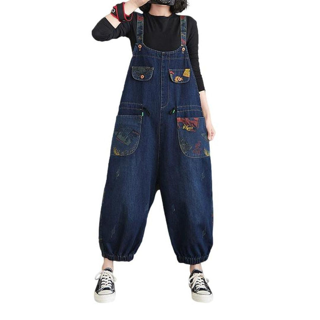 Women denim overall with drawstrings