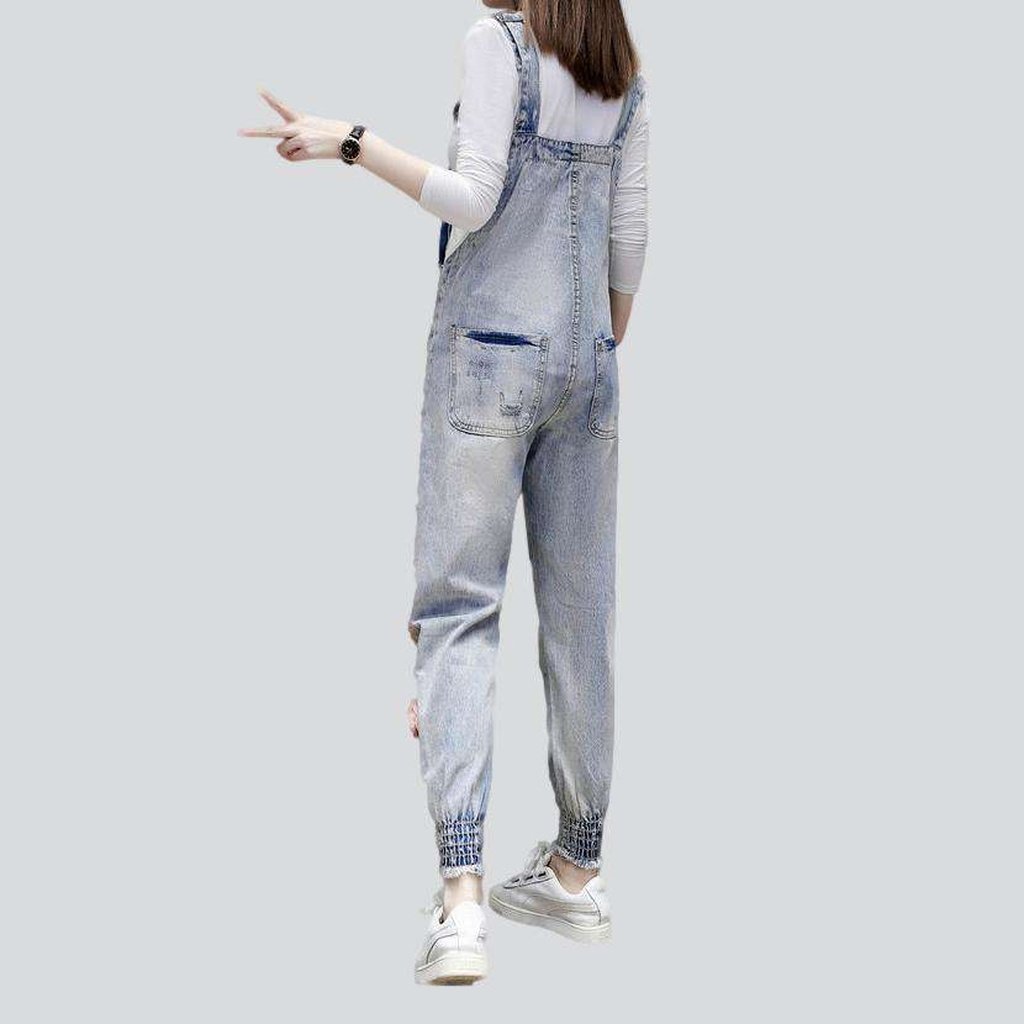 Cat embroidery women denim jumpsuit