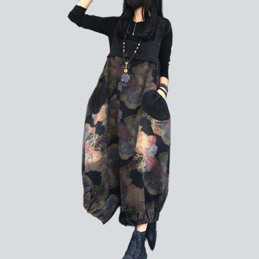 Dark flower print denim jumpsuit