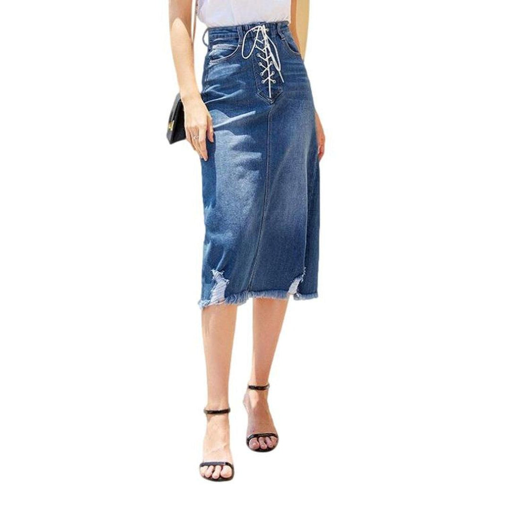 Distressed hem midi denim skirt