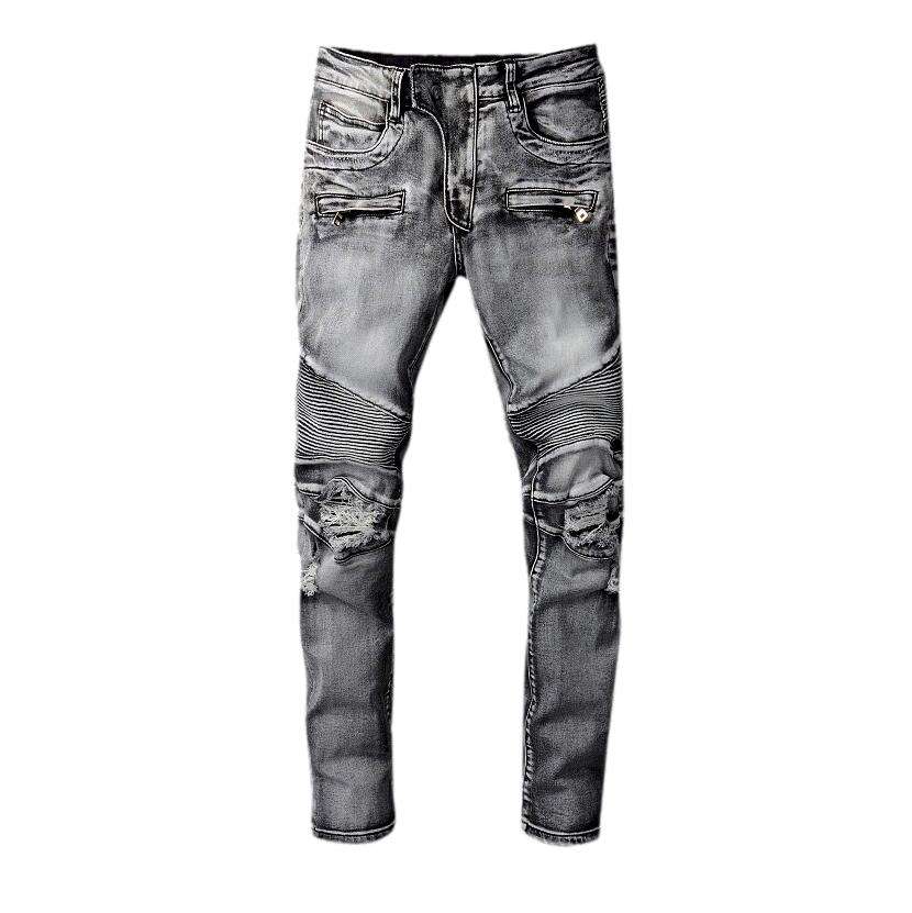 Graue bestickte Herren-Bikerjeans