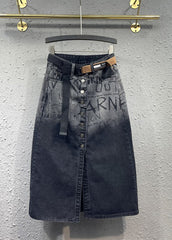 Italian Black Graphic Pockets Front Open Patchwork Denim Skirts Fall