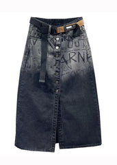 Italian Black Graphic Pockets Front Open Patchwork Denim Skirts Fall