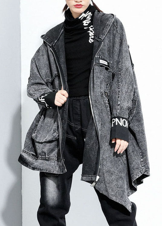 Italian Black Hooded asymmetrical design denim Coat